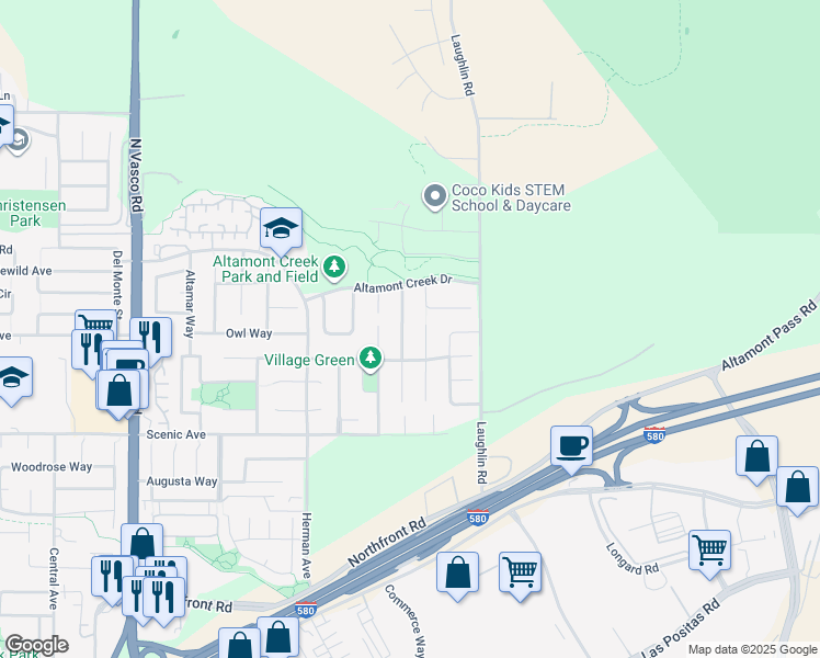 map of restaurants, bars, coffee shops, grocery stores, and more near 1398 Fairbrook Court in Livermore