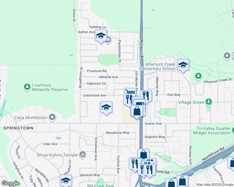 map of restaurants, bars, coffee shops, grocery stores, and more near 5828 Crestmont Avenue in Livermore
