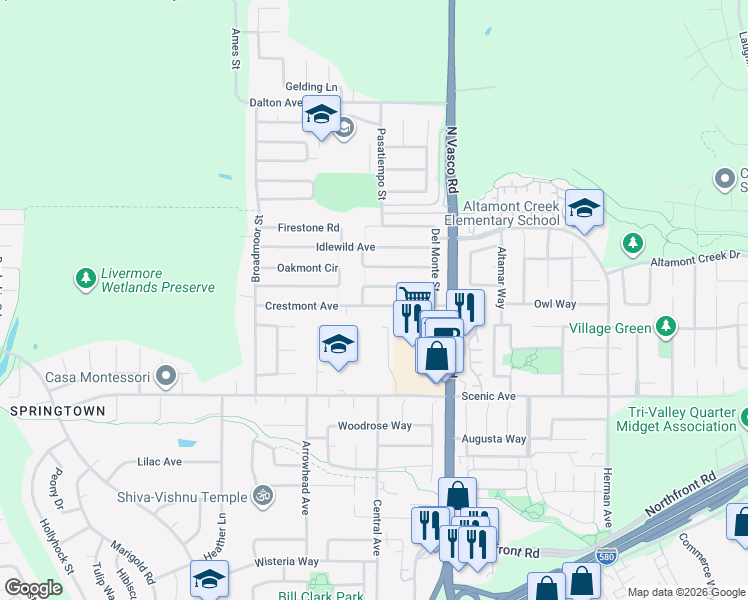 map of restaurants, bars, coffee shops, grocery stores, and more near 5828 Crestmont Avenue in Livermore