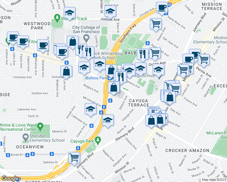 map of restaurants, bars, coffee shops, grocery stores, and more near 2301 San Jose Avenue in San Francisco