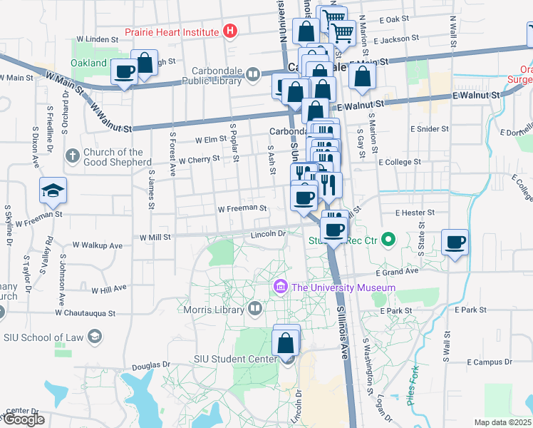 map of restaurants, bars, coffee shops, grocery stores, and more near 403 West Freeman Street in Carbondale