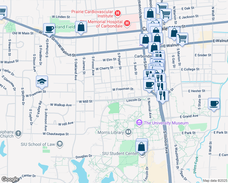 map of restaurants, bars, coffee shops, grocery stores, and more near 700 West Freeman Street in Carbondale
