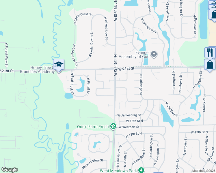 map of restaurants, bars, coffee shops, grocery stores, and more near 2058 Sunridge Court in Wichita