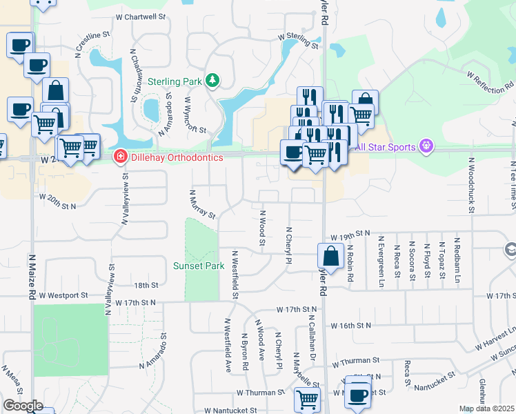 map of restaurants, bars, coffee shops, grocery stores, and more near 9119 West Westlawn Street in Wichita