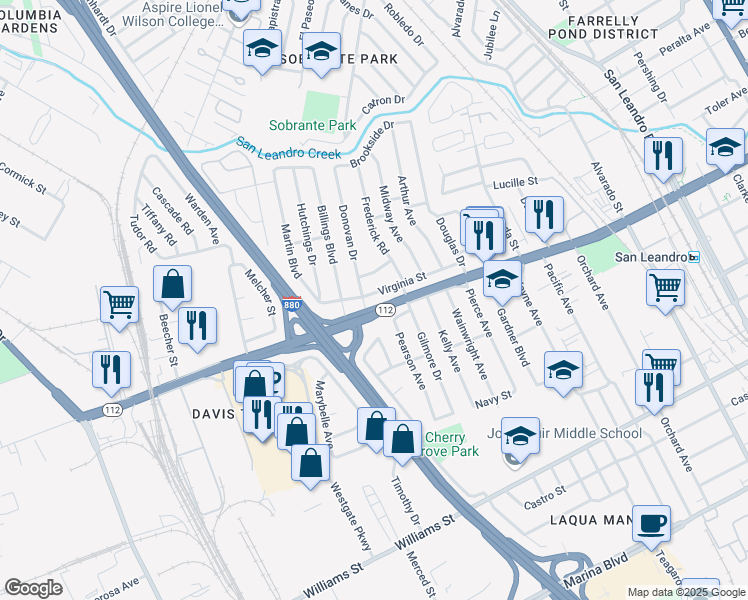 map of restaurants, bars, coffee shops, grocery stores, and more near 1655 Virginia Street in San Leandro