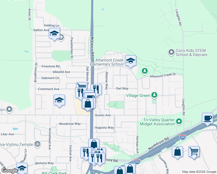 map of restaurants, bars, coffee shops, grocery stores, and more near 1659 Altamar Way in Livermore