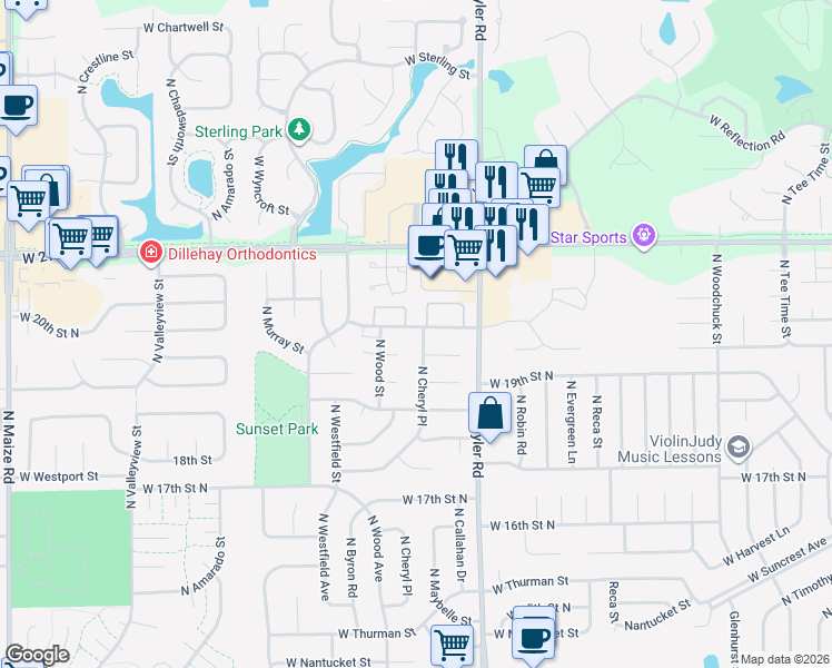 map of restaurants, bars, coffee shops, grocery stores, and more near 9011 West Westlawn Street in Wichita