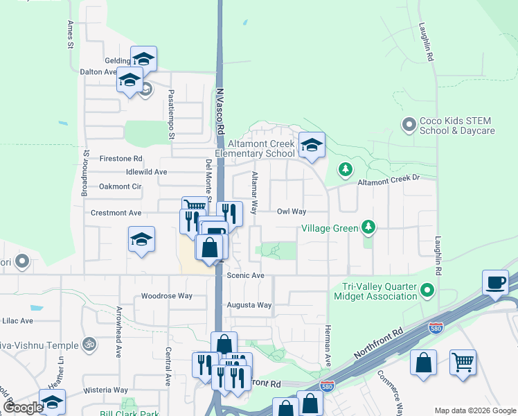 map of restaurants, bars, coffee shops, grocery stores, and more near 1659 Altamar Way in Livermore