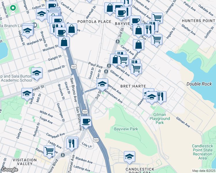 map of restaurants, bars, coffee shops, grocery stores, and more near 1151 Ingerson Avenue in San Francisco