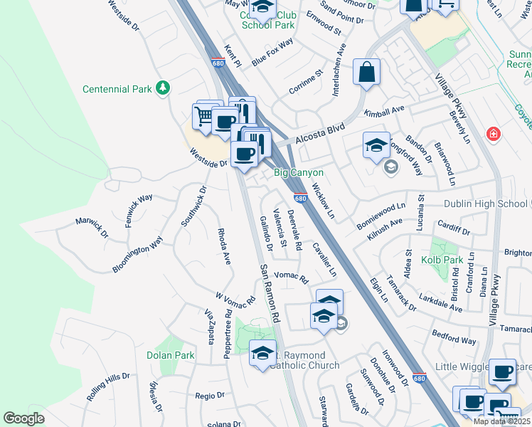 map of restaurants, bars, coffee shops, grocery stores, and more near 8650 Galindo Drive in Dublin