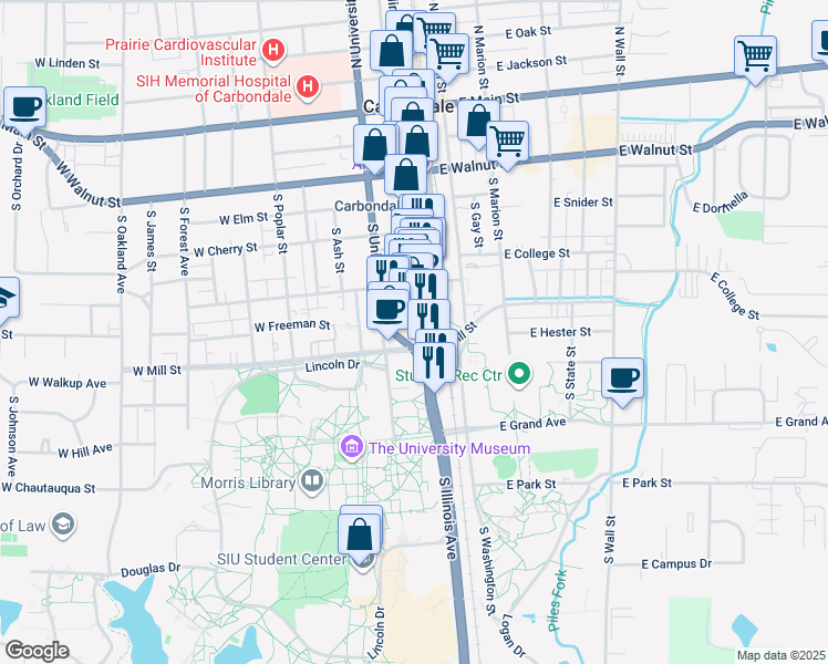 map of restaurants, bars, coffee shops, grocery stores, and more near 710 South Illinois Avenue in Carbondale
