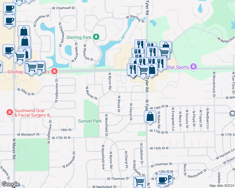 map of restaurants, bars, coffee shops, grocery stores, and more near 9105 West Westlawn Street in Wichita