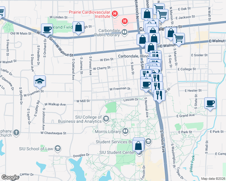 map of restaurants, bars, coffee shops, grocery stores, and more near 700 South Poplar Street in Carbondale