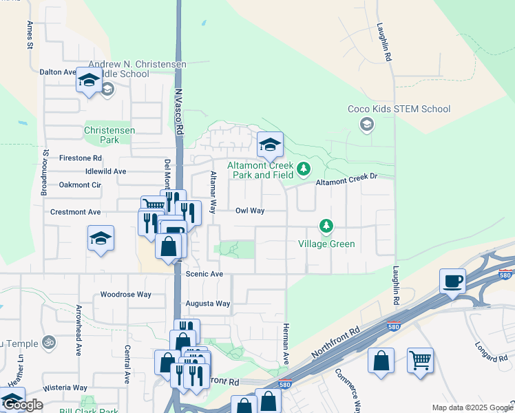 map of restaurants, bars, coffee shops, grocery stores, and more near 6390 Owl Way in Livermore