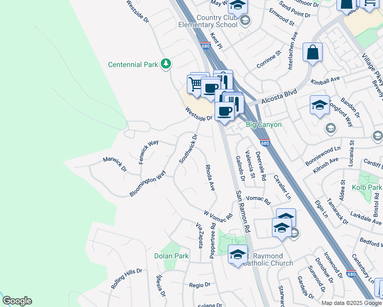 map of restaurants, bars, coffee shops, grocery stores, and more near 8681 Southwick Drive in Dublin