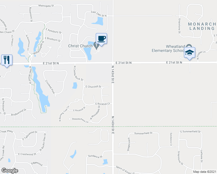 map of restaurants, bars, coffee shops, grocery stores, and more near 14301 Churchill Circle in Wichita