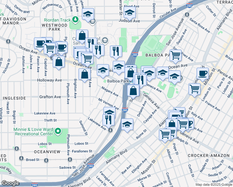 map of restaurants, bars, coffee shops, grocery stores, and more near 614 Niagara Avenue in San Francisco