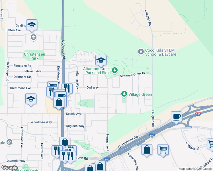 map of restaurants, bars, coffee shops, grocery stores, and more near 6488 Owl Way in Livermore
