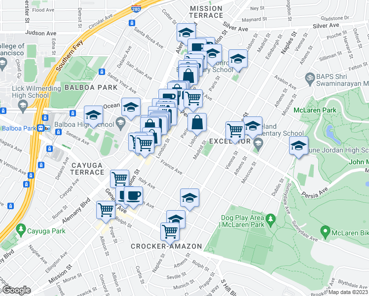 map of restaurants, bars, coffee shops, grocery stores, and more near 305 Russia Avenue in San Francisco