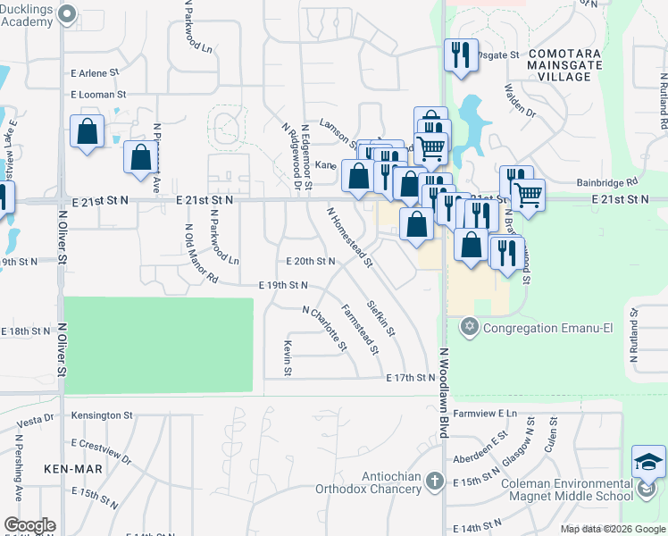 map of restaurants, bars, coffee shops, grocery stores, and more near 2009 North Beaumont Street in Wichita