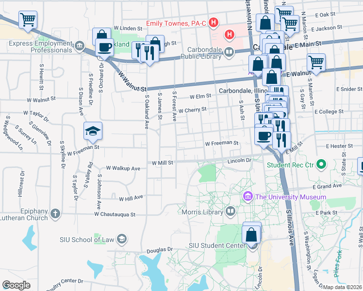map of restaurants, bars, coffee shops, grocery stores, and more near 820 West Freeman Street in Carbondale