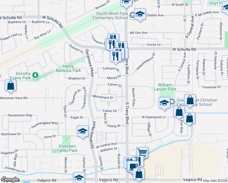 map of restaurants, bars, coffee shops, grocery stores, and more near 1460 Alpine Court in Tracy