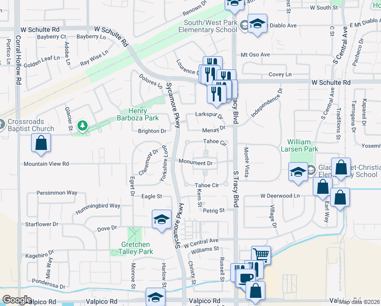 map of restaurants, bars, coffee shops, grocery stores, and more near 1455 Vintage Court in Tracy