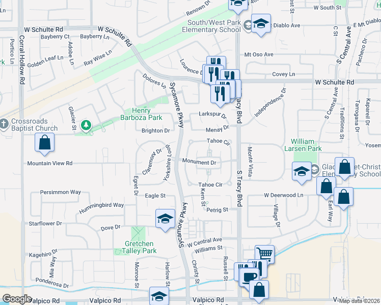 map of restaurants, bars, coffee shops, grocery stores, and more near 1455 Vintage Court in Tracy
