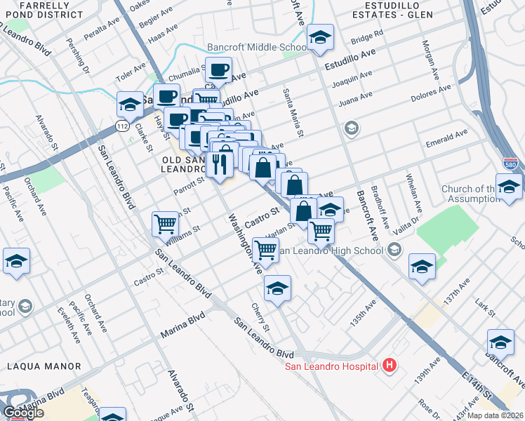 map of restaurants, bars, coffee shops, grocery stores, and more near 60 Castro Street in San Leandro