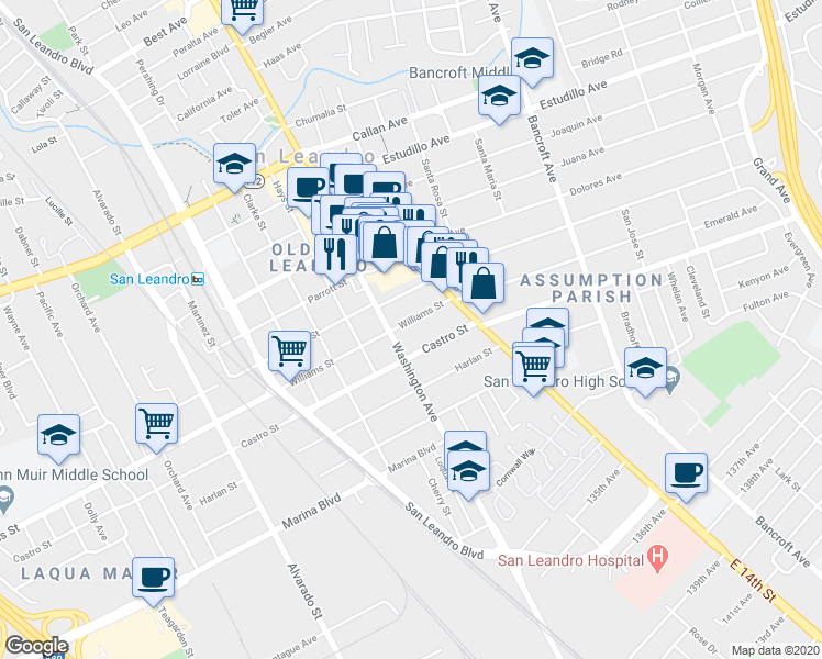 map of restaurants, bars, coffee shops, grocery stores, and more near 139 Williams Street in San Leandro