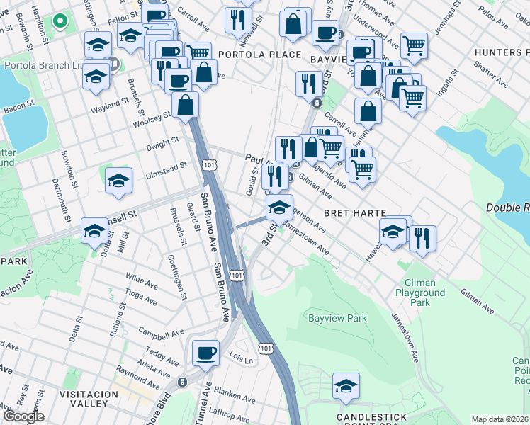 map of restaurants, bars, coffee shops, grocery stores, and more near 6300 3rd Street in San Francisco