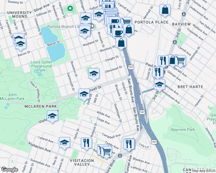 map of restaurants, bars, coffee shops, grocery stores, and more near 345 Mansell Street in San Francisco
