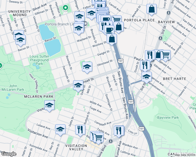 map of restaurants, bars, coffee shops, grocery stores, and more near 345 Mansell Street in San Francisco