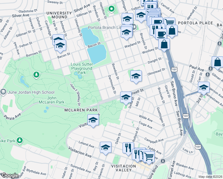 map of restaurants, bars, coffee shops, grocery stores, and more near 827 Dartmouth Street in San Francisco