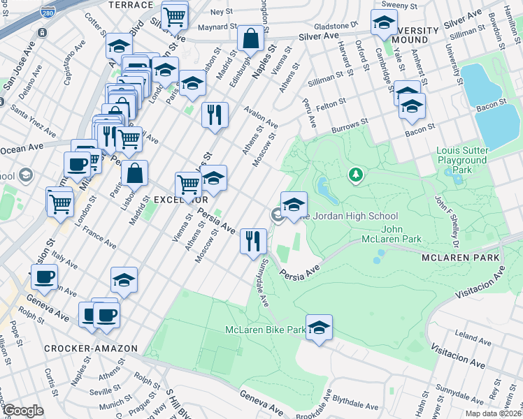 map of restaurants, bars, coffee shops, grocery stores, and more near 319 Munich Street in San Francisco