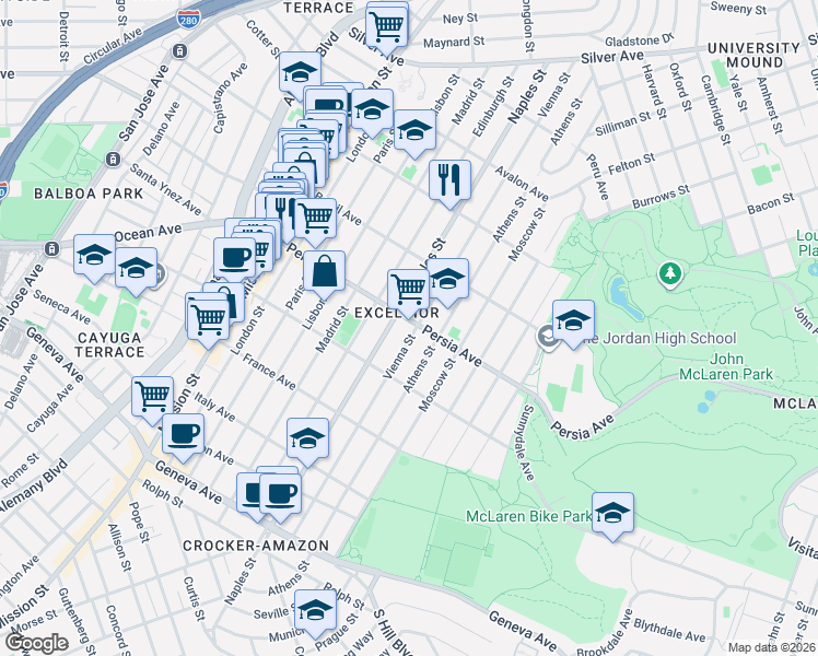 map of restaurants, bars, coffee shops, grocery stores, and more near 515 Naples Street in San Francisco