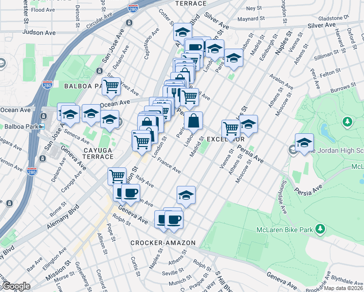 map of restaurants, bars, coffee shops, grocery stores, and more near 305 Russia Avenue in San Francisco