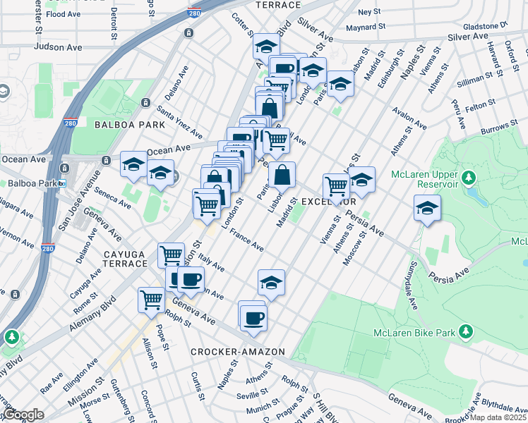 map of restaurants, bars, coffee shops, grocery stores, and more near 305 Russia Avenue in San Francisco