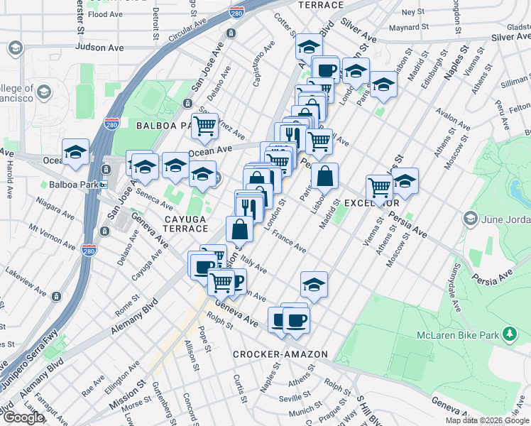 map of restaurants, bars, coffee shops, grocery stores, and more near 4859 Mission Street in San Francisco