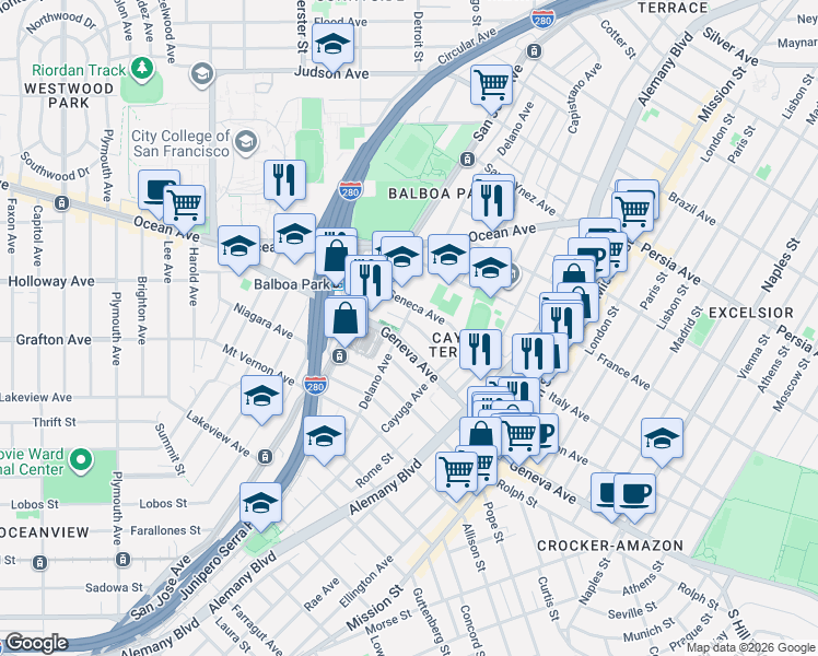 map of restaurants, bars, coffee shops, grocery stores, and more near 650 Delano Avenue in San Francisco
