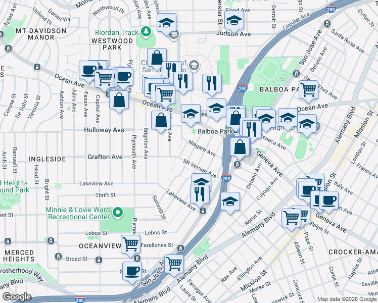 map of restaurants, bars, coffee shops, grocery stores, and more near 225 Howth Street in San Francisco