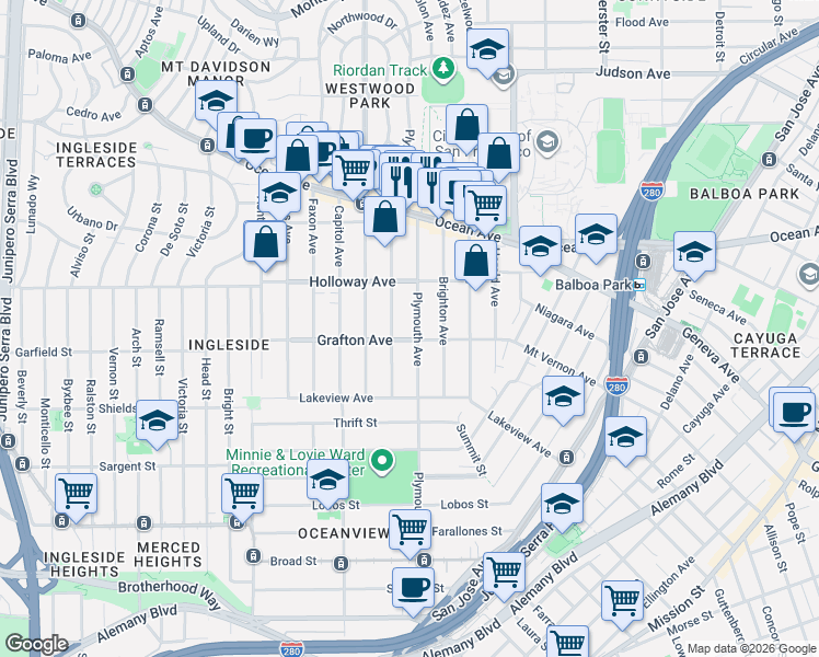 map of restaurants, bars, coffee shops, grocery stores, and more near 118 Granada Avenue in San Francisco