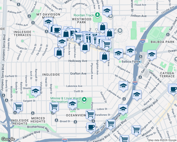 map of restaurants, bars, coffee shops, grocery stores, and more near 118 Granada Avenue in San Francisco