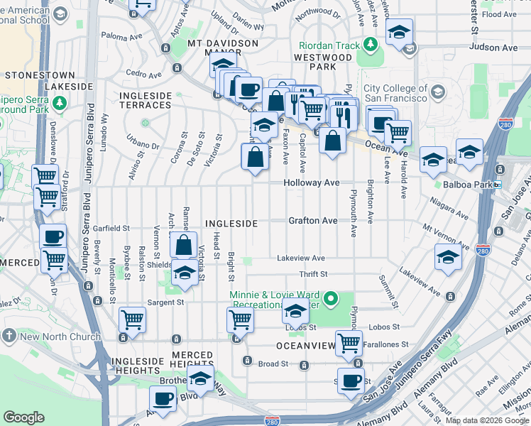 map of restaurants, bars, coffee shops, grocery stores, and more near 131 Jules Avenue in San Francisco