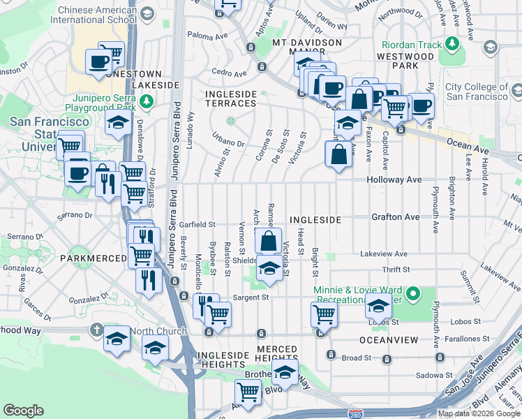 map of restaurants, bars, coffee shops, grocery stores, and more near 545 Arch Street in San Francisco