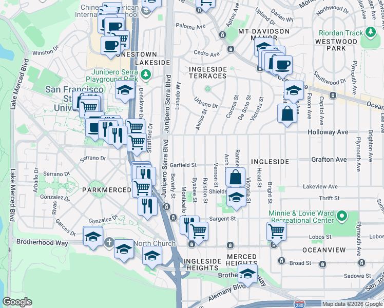 map of restaurants, bars, coffee shops, grocery stores, and more near 342 Monticello Street in San Francisco