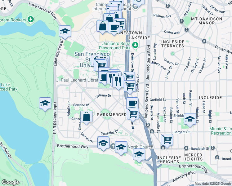 map of restaurants, bars, coffee shops, grocery stores, and more near 2 Varela Avenue in San Francisco
