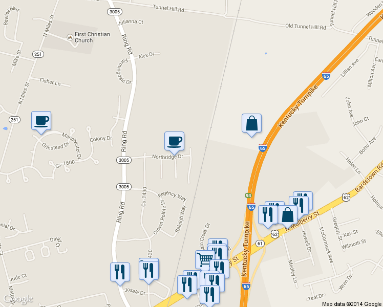 map of restaurants, bars, coffee shops, grocery stores, and more near 100 Crimson Creek Court in Elizabethtown