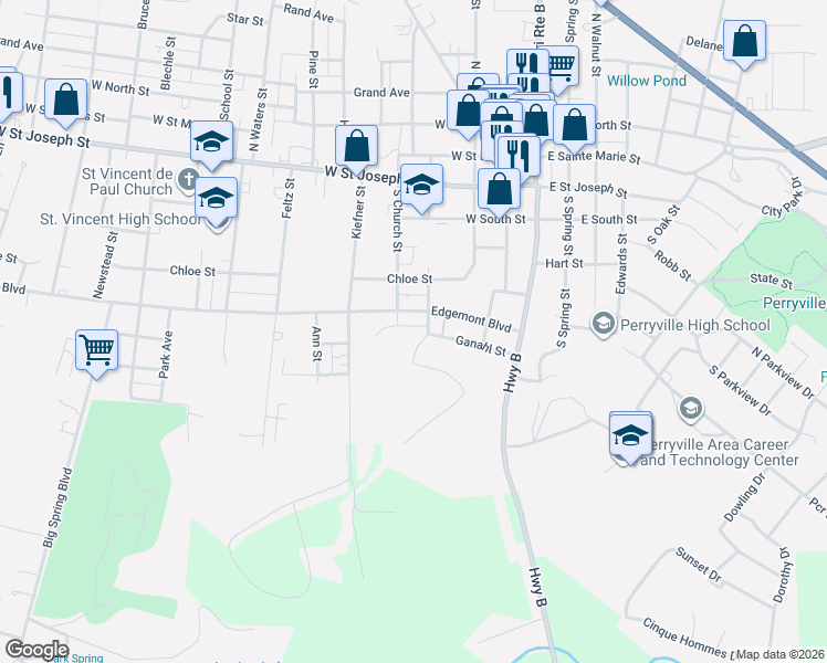 map of restaurants, bars, coffee shops, grocery stores, and more near 343 South Shelby Street in Perryville