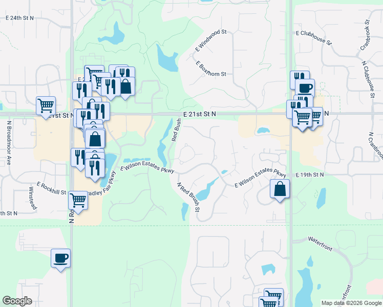 map of restaurants, bars, coffee shops, grocery stores, and more near 8816-8916 E Churchill St in Wichita